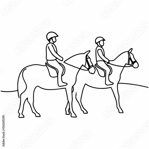 Two children riding horses in a simple outline style equestrian sport