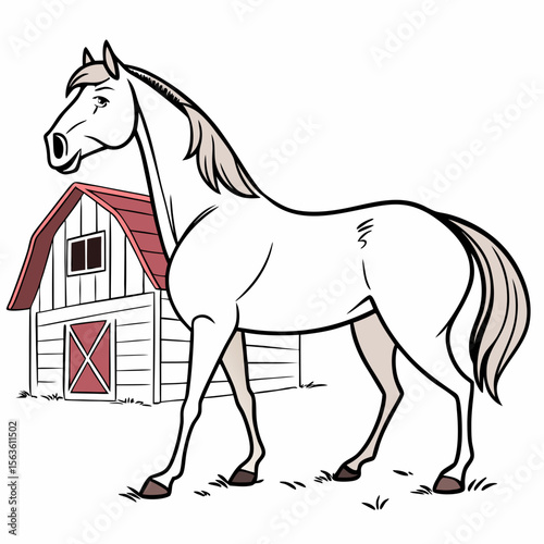 White horse standing near red barn grey mane grey tail