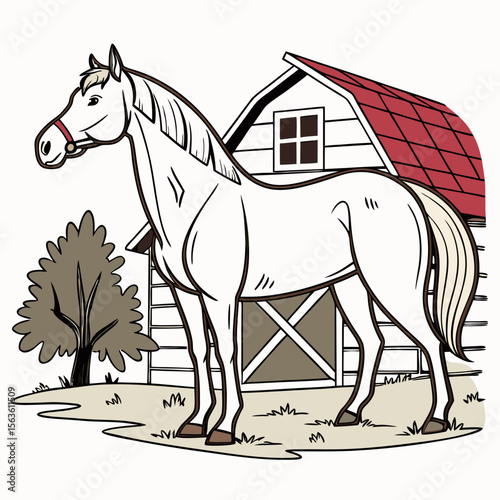 White horse standing near red roof barn and tree equine farm