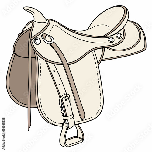 Beige leather english saddle with stirrup and straps equestrian horse riding