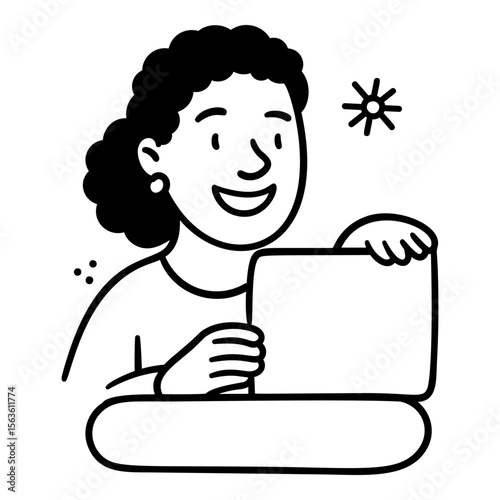 Doodle woman holding blank card with star hand drawn style for testimonial and review templates