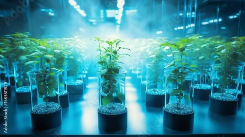 Rows of Young Plants Grow in Glass Vases Under a Blue Glow, Illuminated by Overhead Lights in a Controlled Environment Agriculture Lab.