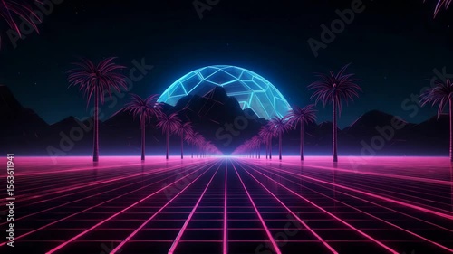 Retro Synthwave Landscape: Palm Trees Line a Glowing Grid Leading to a Neon Dome Under a Starry Night.
