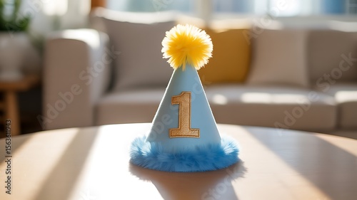 Blue birthday party hat with gold number one and yellow pom pom
