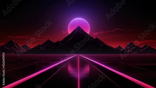 Crimson sky bleeds over jagged mountains, a colossal magenta moon cresting the peaks, reflected in a neon grid stretching to the horizon.