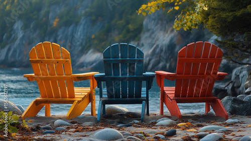 Colorful Adirondack chairs on a rocky beach at sunrise