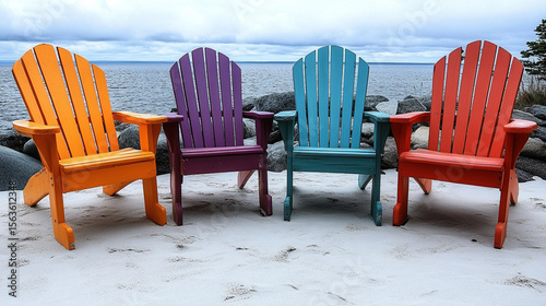 Colorful Adirondack chairs on sandy beach, serene lake view