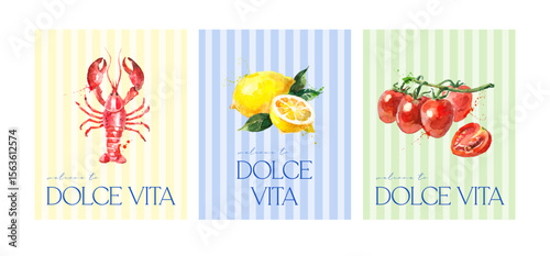 Hand drawn watercolor tropical sketch banner set. Dolce vita summer vibe. Vector illustration