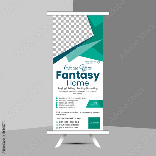 Modern and creative editable Pull up tamplate design luxury and elegant. Clean, Professional and simple Real estate agency roll up design.
