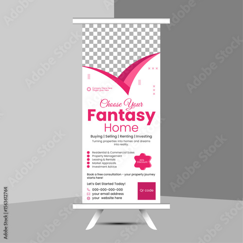 Modern and creative editable Pull up tamplate design luxury and elegant. Clean, Professional and simple Real estate agency roll up design.
