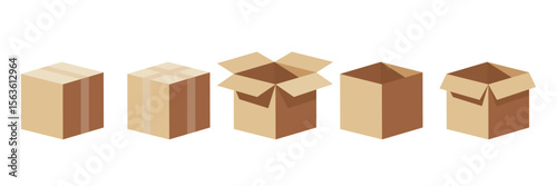 Minimalistic flat-style vector illustration featuring a set of cardboard boxes. Open and closed boxes, taped and plain carton boxes. Use in delivery, e-commerce, logistics, packaging design.