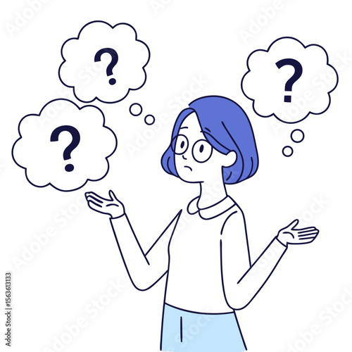 Vector Art Illustration of a Young Woman Shrugging with Question Marks

