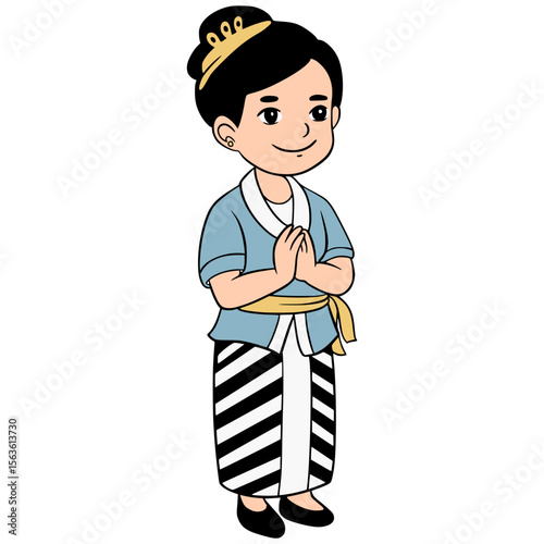 Cute Cartoon Children's Illustration. Wearing Balinese cultural clothes