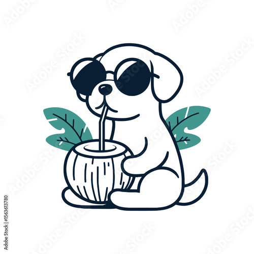 Cool dog with sunglasses drinking coconut water. Cute summer puppy on a tropical vacation. Vector illustration for a t-shirt print or logo