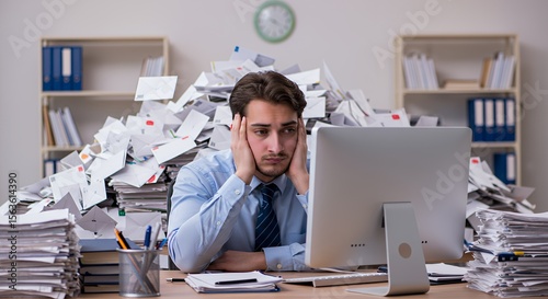 Overwhelmed office worker buried under a mountain of paperwork and mail, stressed and frustrated at his desk.