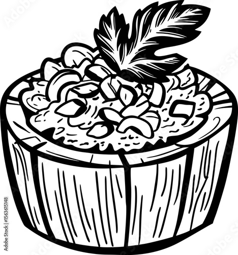 Hand drawn wooden bowl of oatmeal porridge with nuts, parsley garnish, engraved sketch illustration