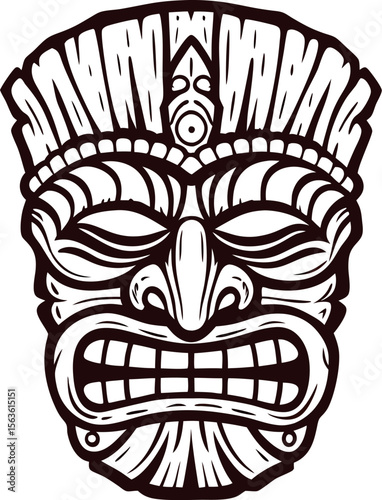 Hand drawn tribal tiki mask isolated in black and white, ornate woodcarving style, symmetrical detailed illustration