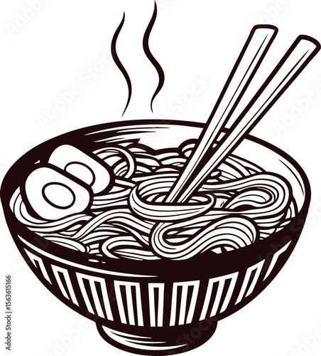 Black and white illustration of ramen bowl with noodles, egg, steam, and chopsticks in vintage engraved