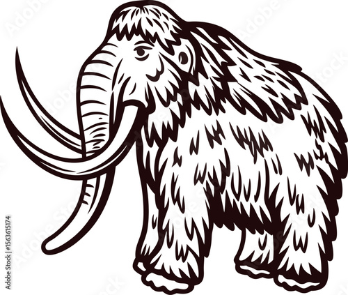 Hand drawn illustration of woolly mammoth with long curved tusks and shaggy fur isolated on white background