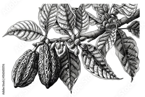 Clear Pixel Image of Cacao Tree with Beans Ink Black and White Drawing