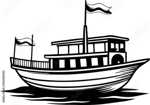 Traditional wooden boat with flags in black and white illustration isolated on white background