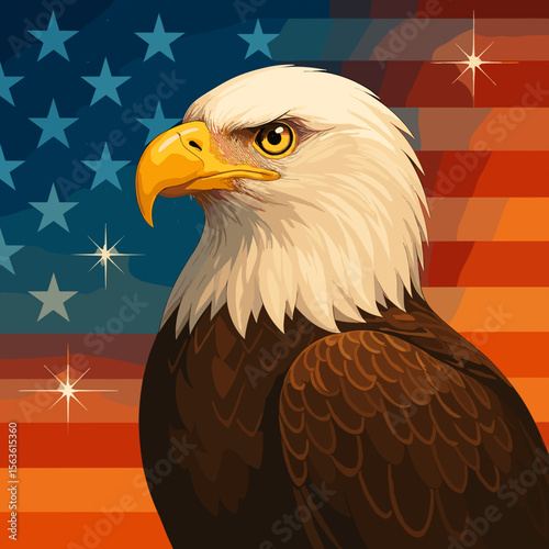Realistic Patriotic Bald Eagle Portrait Against American Flag Illustration