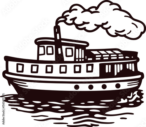 Vintage hand drawn steamship illustration with smoke and reflection on water, retro transportation maritime engraving