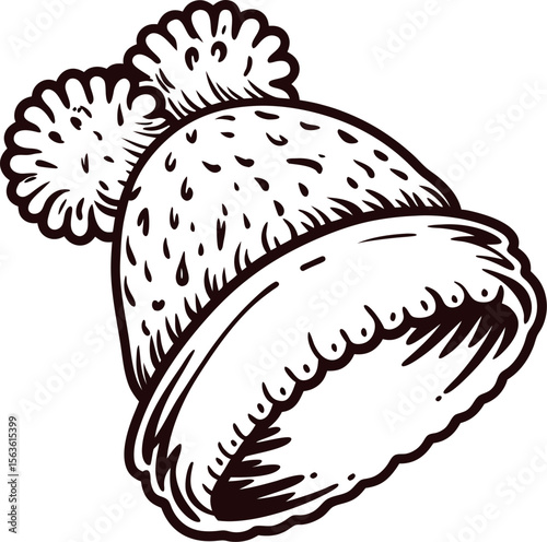 Hand drawn winter beanie hat with pom poms isolated on white background