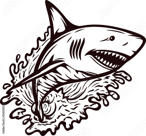 Aggressive jumping shark splashing water vintage engraved illustration of a fierce predator in mid leap with open jaws