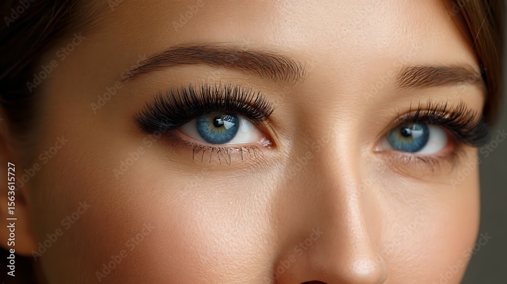 Fototapeta premium Stunning blue eyes with voluminous lashes and perfectly shaped eyebrows showcasing natural beauty