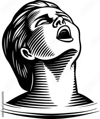 Engraved illustration of expressive person with open mouth and upward face, vintage on white background