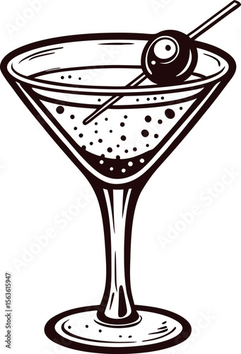 Hand drawn martini cocktail glass with olive garnish vintage engraved drink illustration