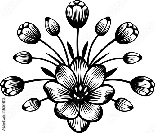 Hand drawn black and white flower with buds vintage botanical illustration