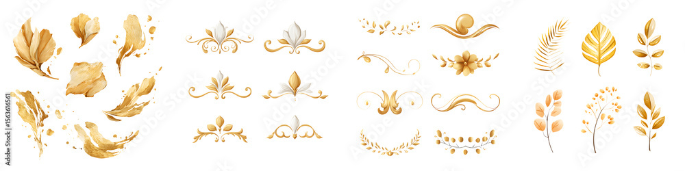 Elegant Golden Ornament Decoration Set on White Background Elegant Golden Ornament Decoration Set on White Background