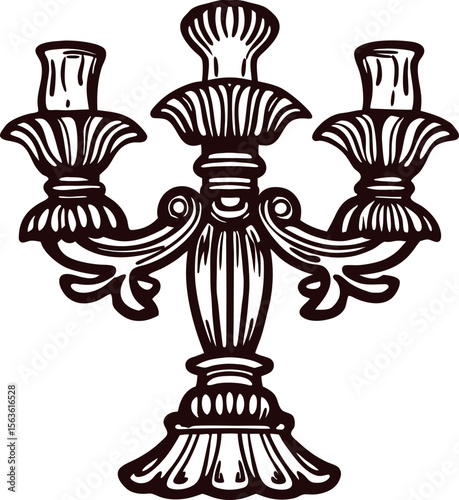 Vintage engraved illustration of ornate candelabrum with three branches and decorative details on white background