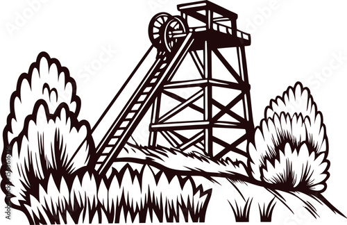 Old wooden mine shaft tower with wheel and ladder surrounded by bushes and grass in engraved vintage sketch