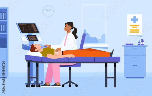 Female Doctor makes ultrasound scan of patient abdomen. Medical office interior on background. Vector illustration in flat style.