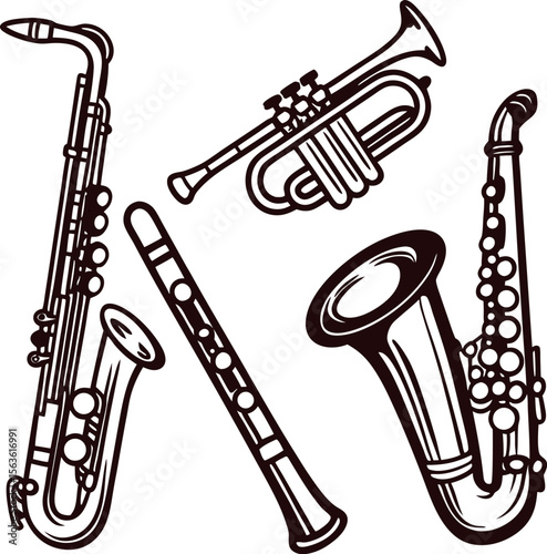 Hand drawn illustration of brass and woodwind musical instruments isolated on white background