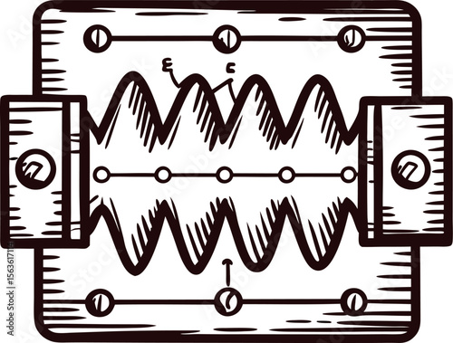 Hand drawn mechanical bellows with screws and corrugated chamber sketch illustration