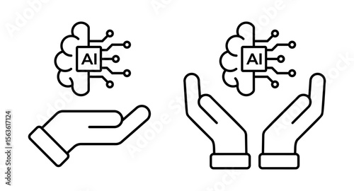 AI chip icon. Artificial intelligence processor symbol, hand hold brain with chip