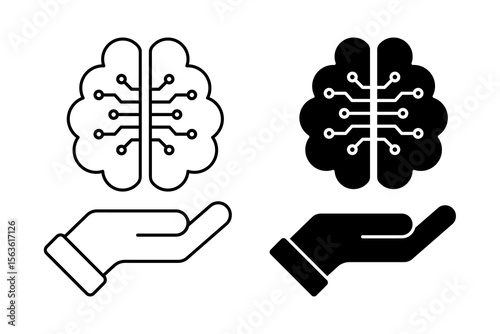 AI chip icon. Artificial intelligence processor symbol, hand hold brain with chip