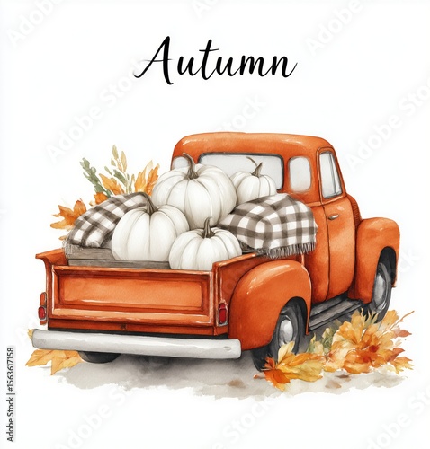An orange truck is filled with pumpkins and leaves is labeled with the word Autumn