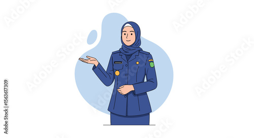 Illustration of a professional woman in a hijab wearing a uniform and presenting information
