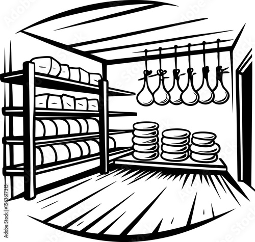 Traditional cheese aging room interior with stacked cheese wheels and hanging cured meats, vintage black and white illustration