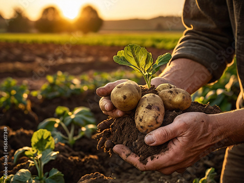 Farmer holding freshly harvested potatoes and seedling hands