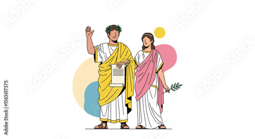 Illustrating ancient greek citizens in traditional togas and robes amidst abstract shapes representing culture and heritage