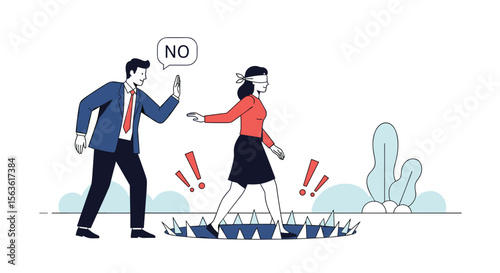 Unaware woman blindfolded walking towards danger while man holds phone and says no