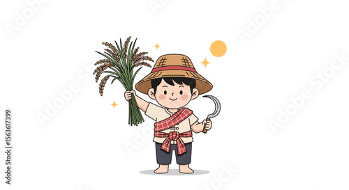 Happy farmer boy holding harvested rice sheaves and sickle wearing traditional asian clothing and straw hat