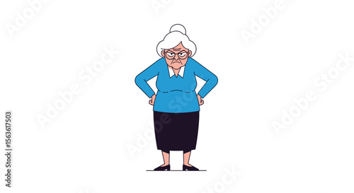 An elderly woman with her hands on her hips looking confident and determined standing against a white background illustration