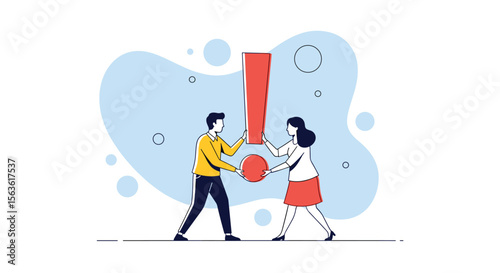 Two people collaborating to create attention and highlight important information with a large red exclamation mark symbolizing urgency and alerts